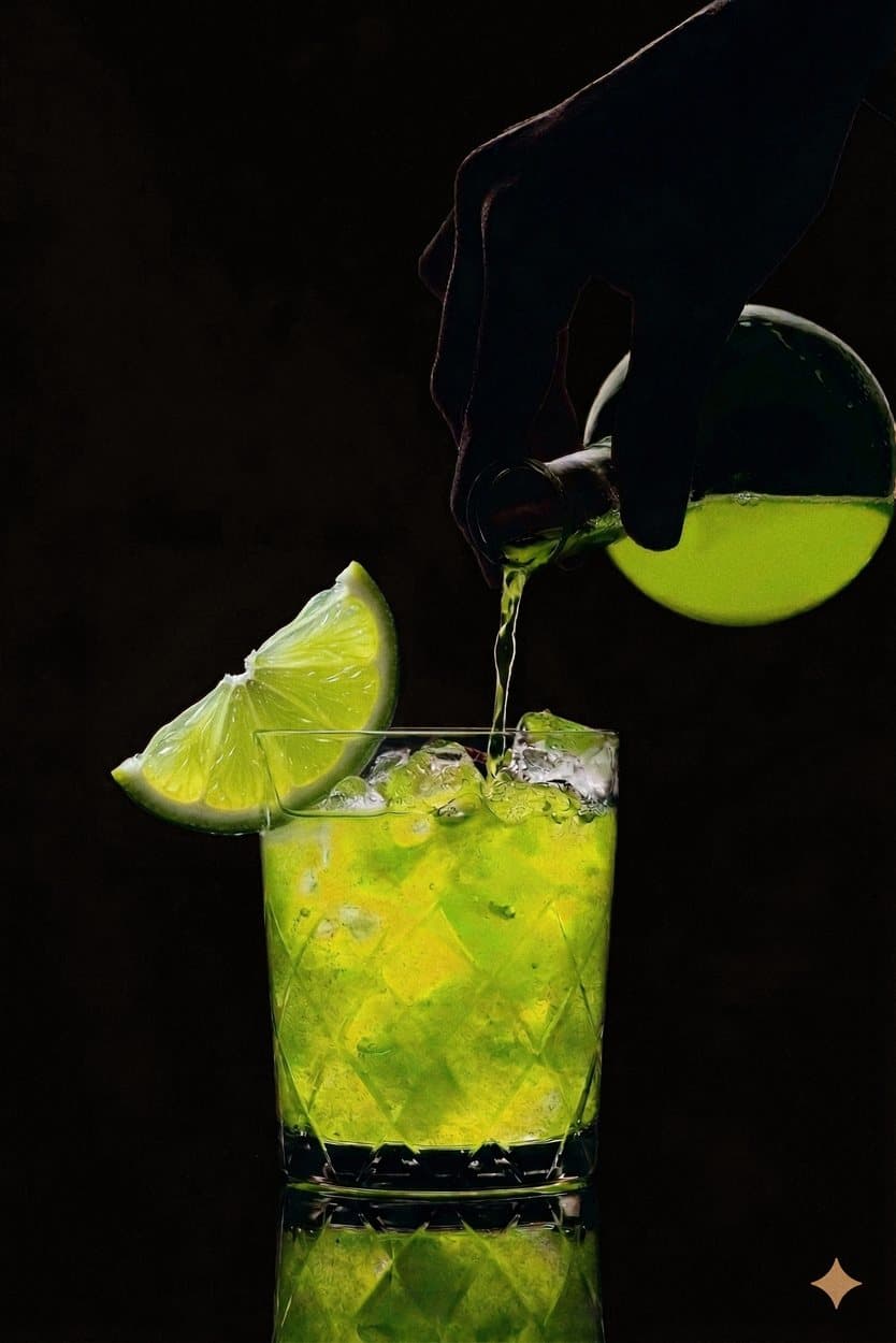 Gin tonic versato su ghiaccio, con uno spicchio di lime
